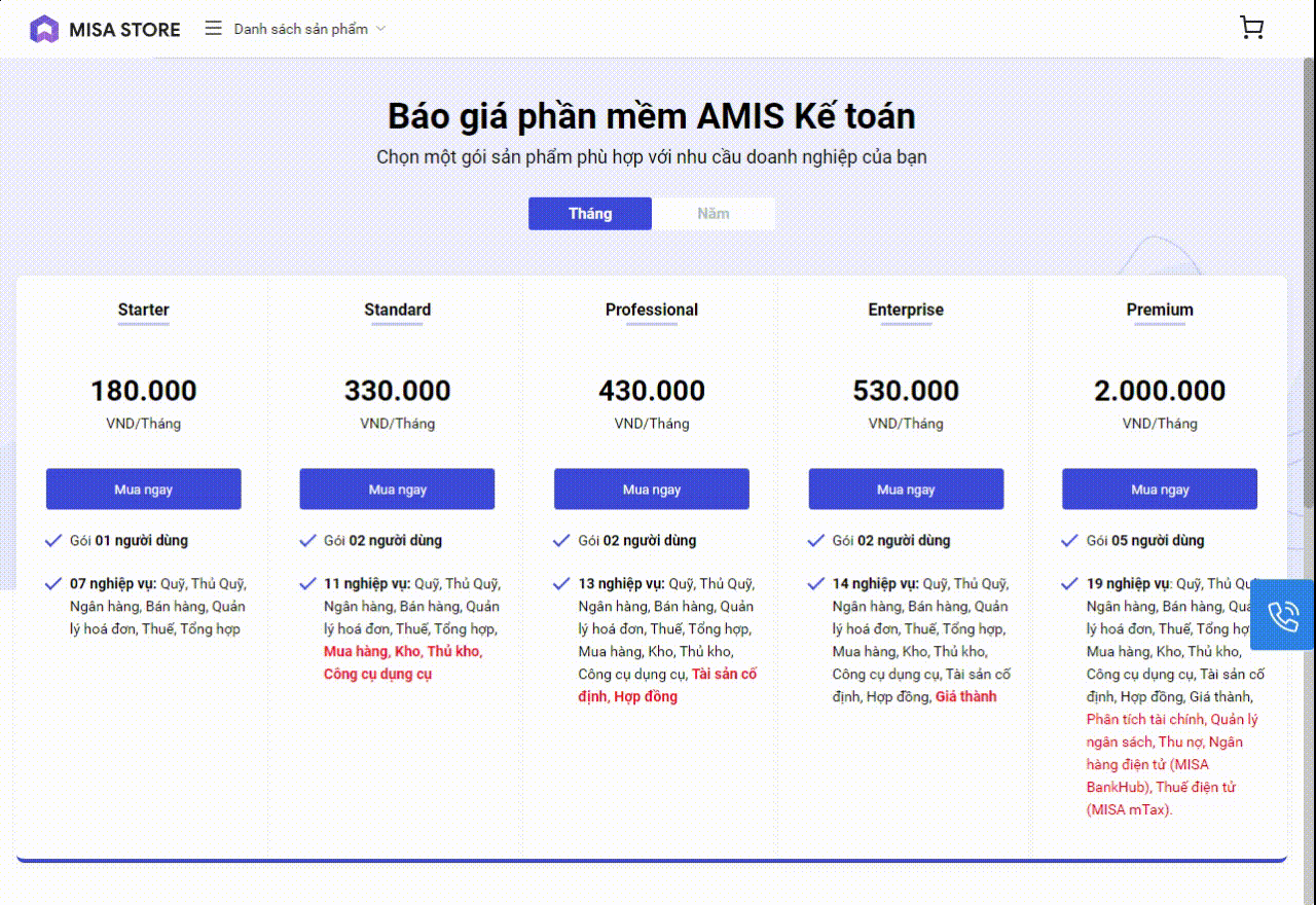Phần mềm MISA AMIS kế toán chia làm nhiều mức giá khác nhau