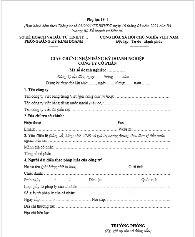 Mẫu giấy phép kinh doanh công ty cổ phần