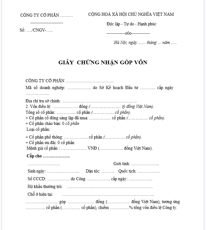 Giấy chứng nhận góp vốn công ty cổ phần