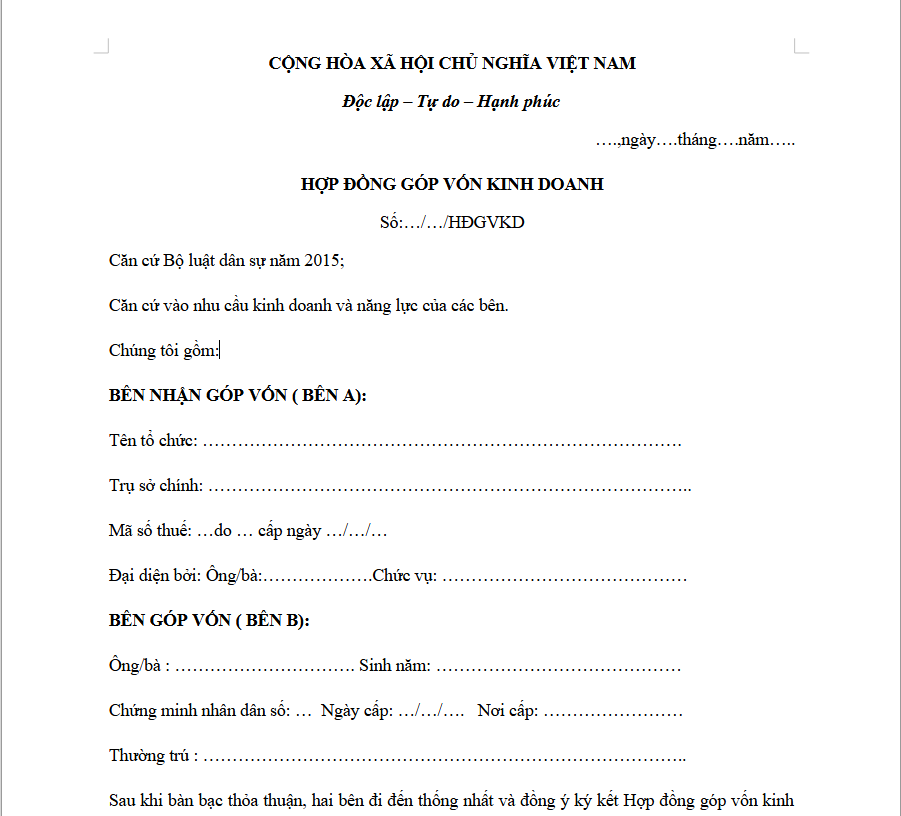 mẫu hợp đồng góp vốn kinh doanh