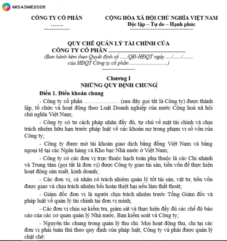 mẫu quy chế quản lý tài chính công ty cổ phần