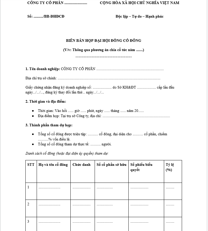 Biên bản họp chia cổ tức công ty cổ phần