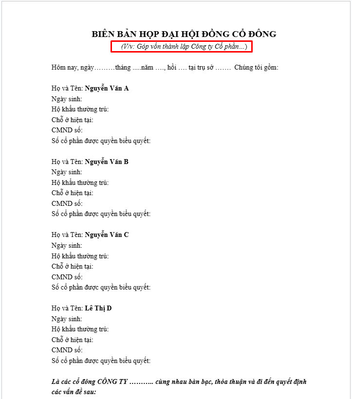 Biên bản họp gón vốn công ty cổ phần