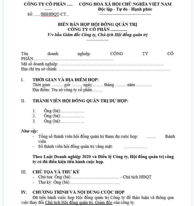 Biên bản họp bầu giám đốc công ty cổ phần