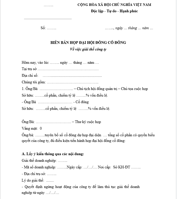 Biên bản họp giải thể công ty cổ phần