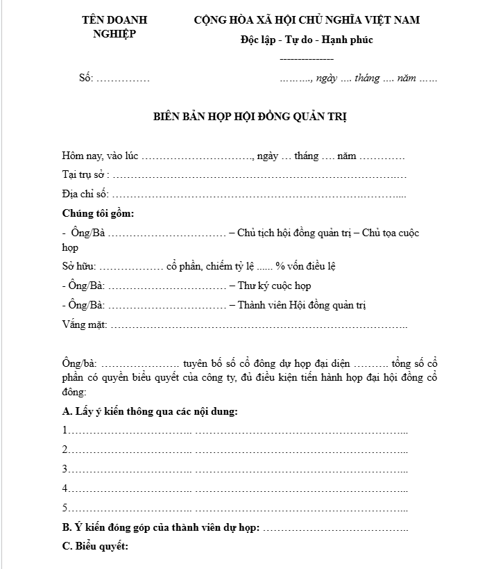 Mẫu biên bản họp hội đồng quản trị