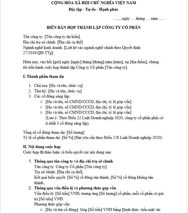 Biên bản họp thành lập công ty cổ phần