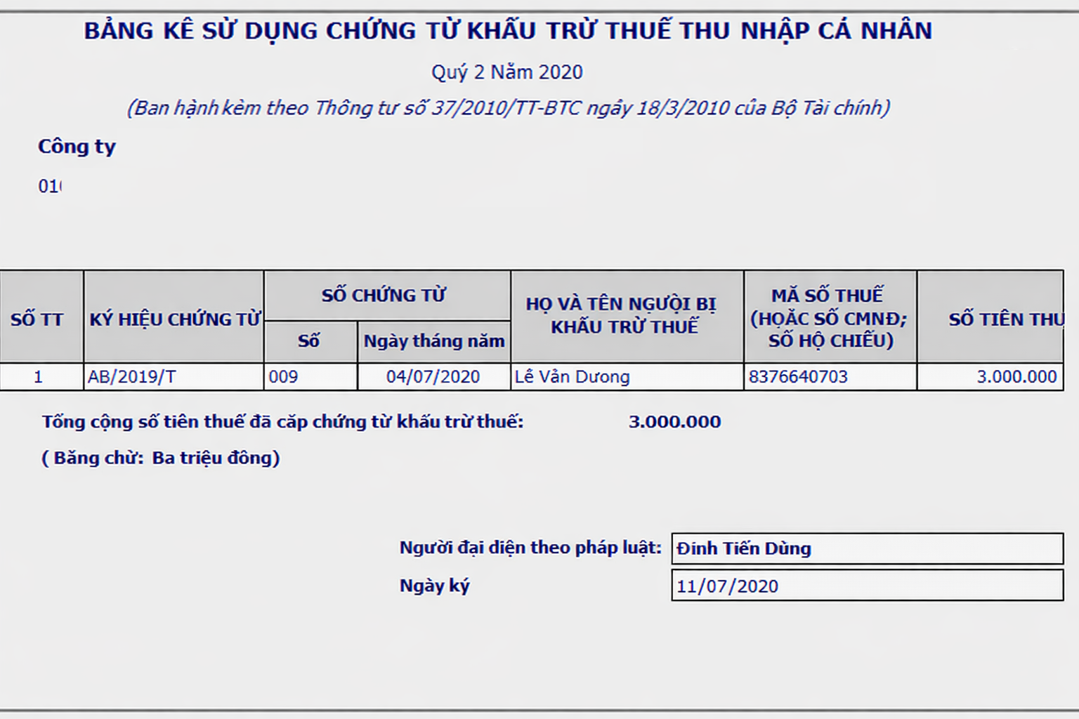 báo cáo sử dụng chứng từ khấu trừ thuế tncn