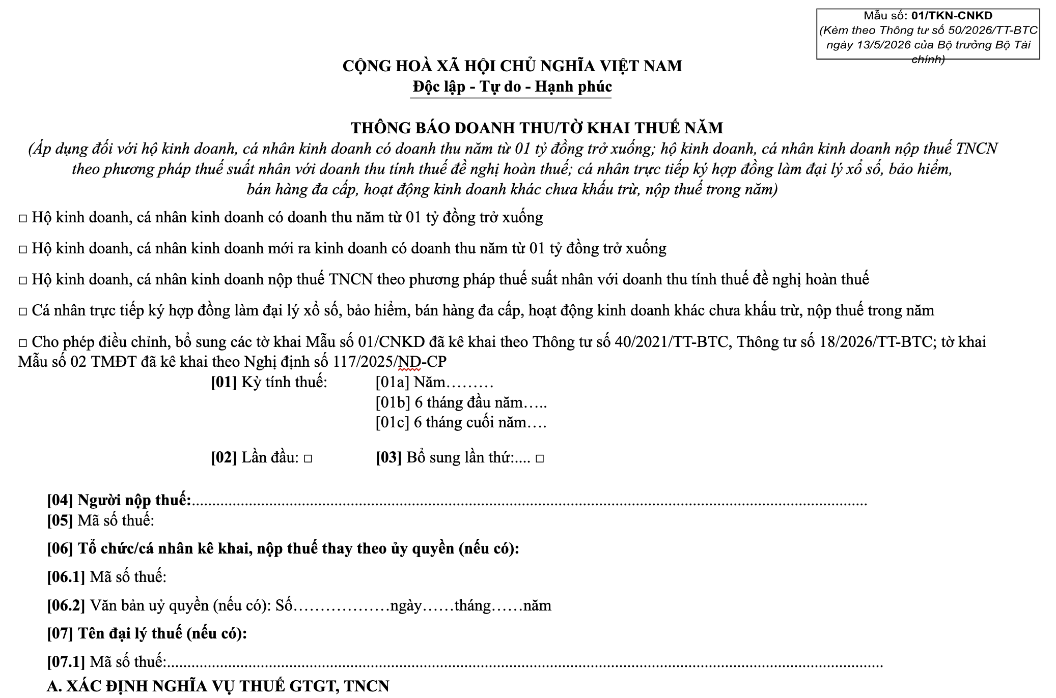 Mẫu 01/TKN-CNKD: Thông báo doanh thu/ tờ khai thuế năm