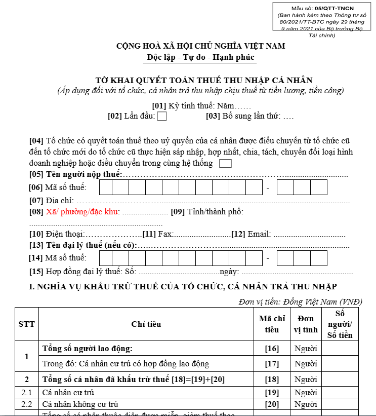 tờ khai quyết toán thuế TNCN mẫu 05/QTT/TNCN