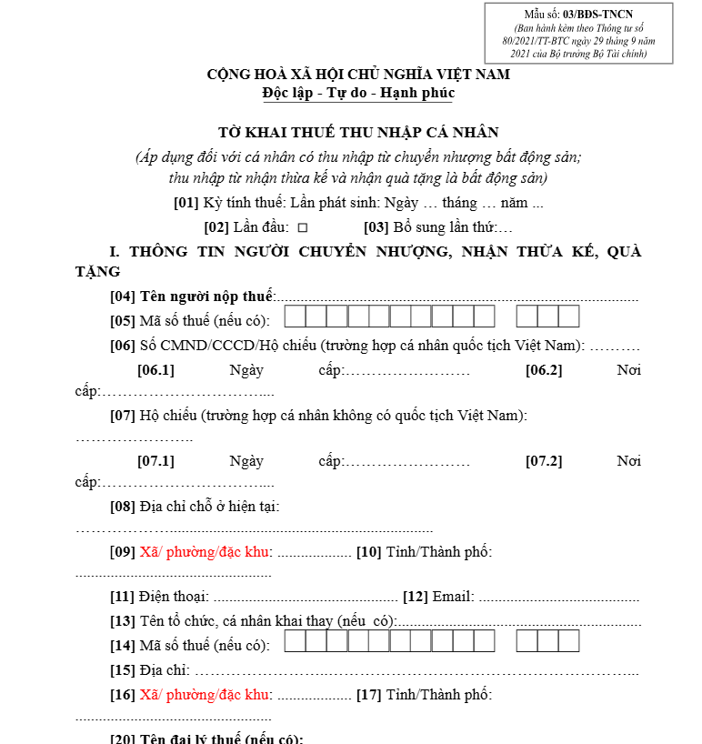 tờ khai thuế thu nhập cá nhân mẫu số 03/BĐS-TNCN