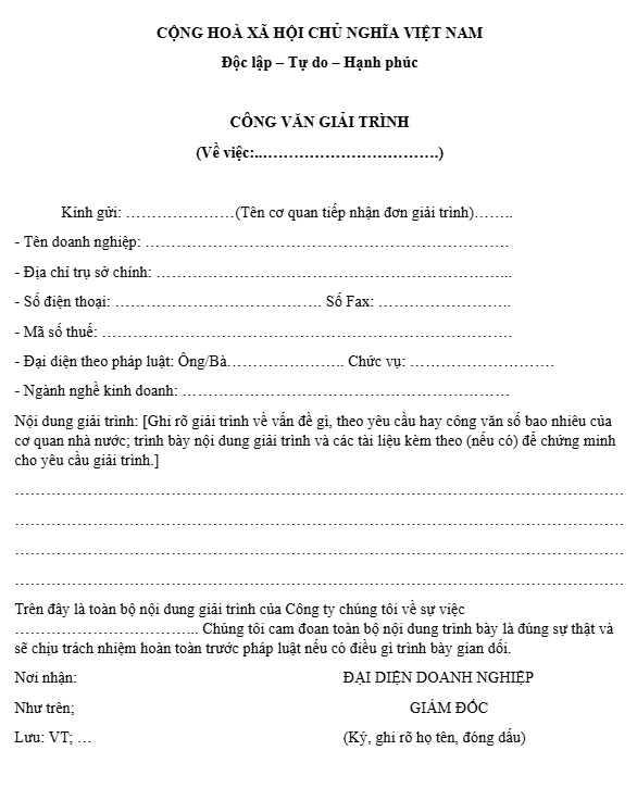 mẫu công văn hỏi đáp gửi chi cục thuế